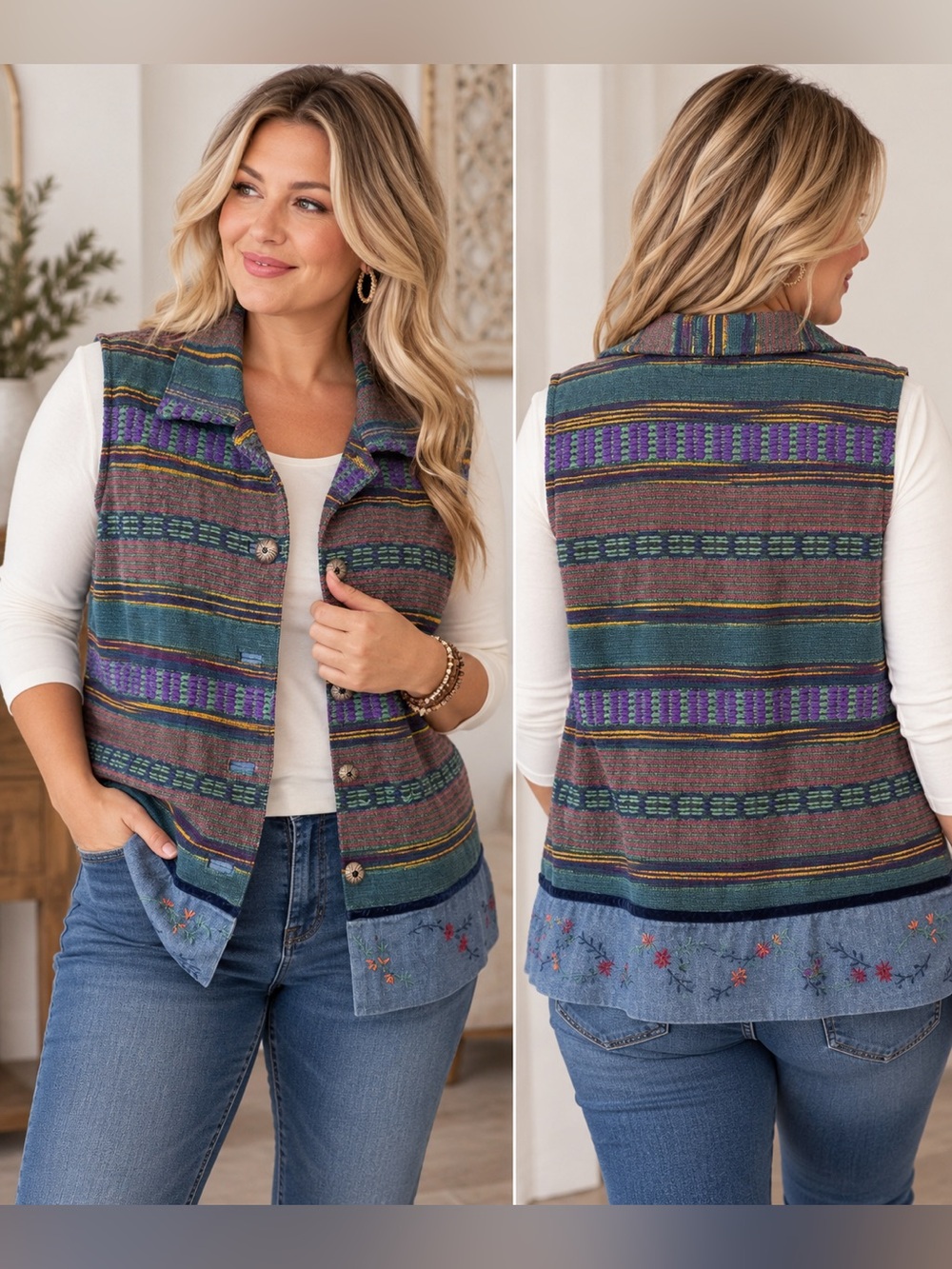 Coldwater Creek 2X Boho Woven Embroidered Denim Button Vest Vintage Style